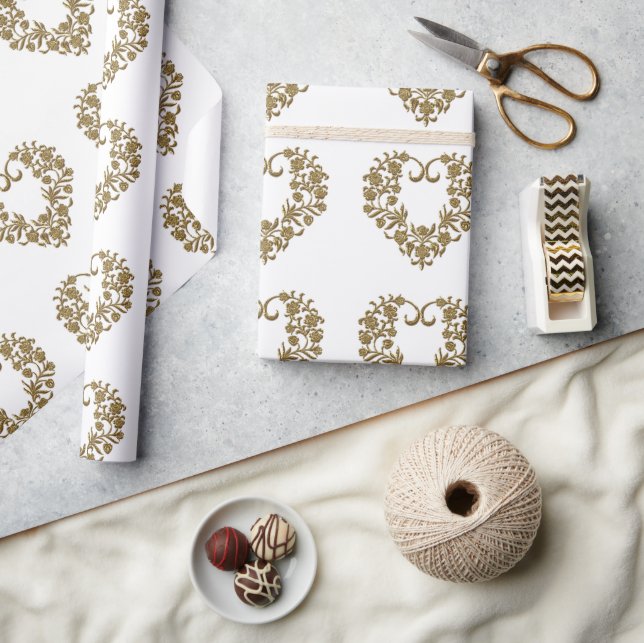 Gold Glitter Flourish Valentine Geschenkpapier (Kunsthandwerk)