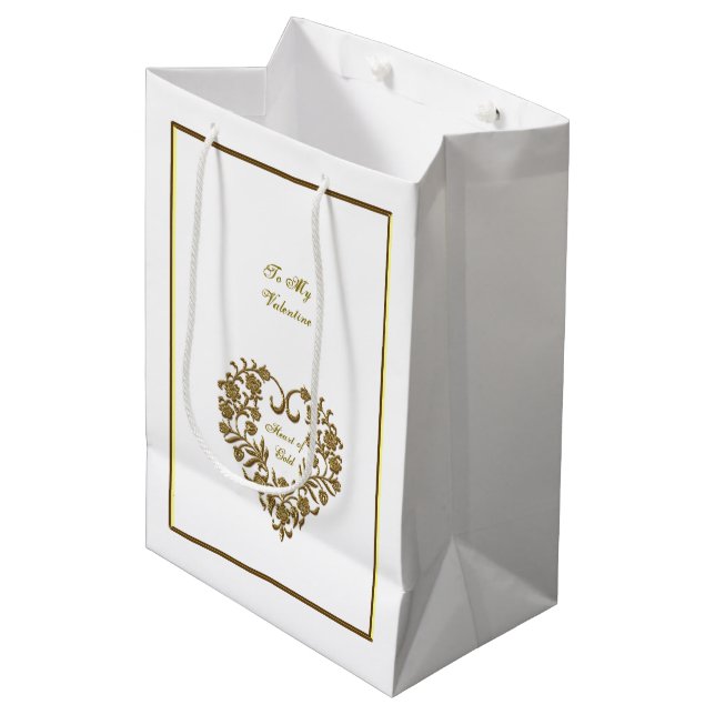 Gold Glitter Flourish Valentine Mittlere Geschenktüte (Vorderseite Schrägansicht)