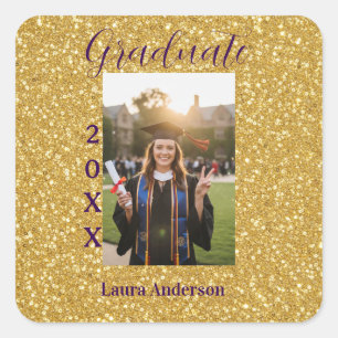 Gold Glitter Foto Abschluss Name Klasse Text Quadratischer Aufkleber
