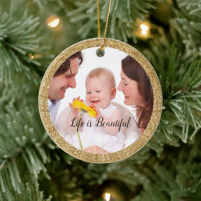 Gold Glitter Frame Personalized Foto and Quote Keramik Ornament (Baum)
