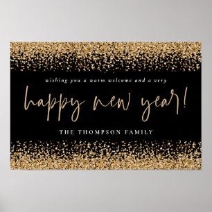 Gold Glitter Frohes Neues Jahr Name Schwarz Druckb Poster