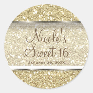 Gold Glitter Glam Sweet 16 Benutzerdefinierte Part Runder Aufkleber