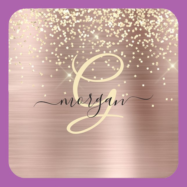 Gold Glitter, Gold Monogram, Black Script Name Rechteckiger Pappuntersetzer (Von Creator hochgeladen)