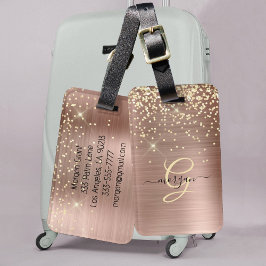 Gold Glitter, Gold Monogramm, schwarzer Schriftnam Gepäckanhänger