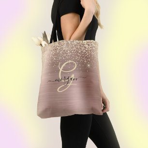 Gold Glitter, Gold Monogramm, Schwarzer Schriftnam Tasche