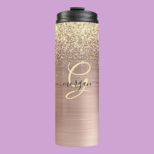 Gold Glitter, Gold Monogramm, Schwarzer Schriftnam Thermosbecher