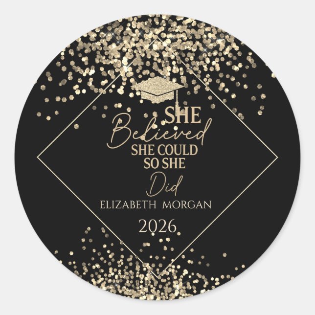 Gold Glitter Grad Cap,Confetti She Believed Runder Aufkleber (Vorderseite)