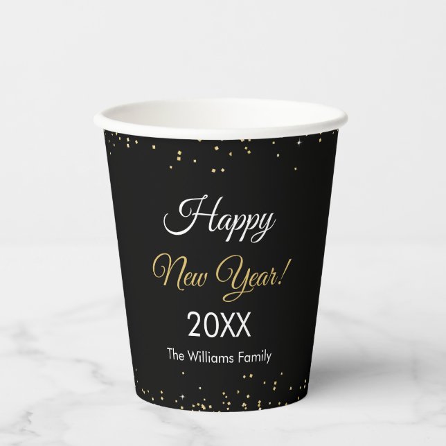 Gold Glitter Happy New Year Black Party Pappbecher (Vorderseite)