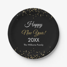 Gold Glitter Happy New Year Black Party Pappteller