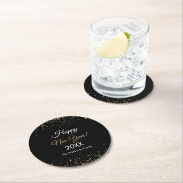 Gold Glitter Happy New Year Black Runder Pappuntersetzer