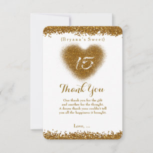Gold Glitter Herz 15 Quinceañera Dankeschön-Karte Dankeskarte