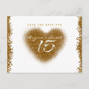 Gold Glitter Herz 15 Quinceañera Save The Date Ankündigungspostkarte