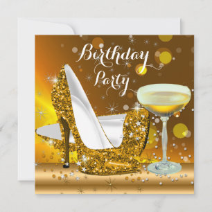 Gold Glitter High Heels Champagner Geburtstagsfeie Einladung
