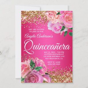 Gold Glitter Hot Pink Florale Glam Quinceañera Einladung
