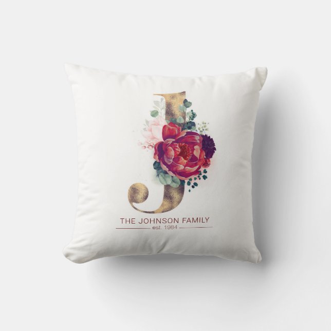 Gold Glitter J Monogram Floral Burgund Red Kissen (Vorderseite)