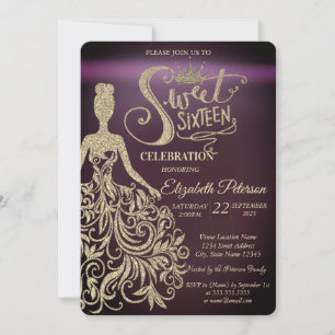 Gold Glitter Kleid, Tiara Burgunderrot Sweet 16 Einladung