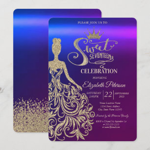 Gold Glitter Kleid, Tiara, Diamanten Ombre Sweet 1 Einladung