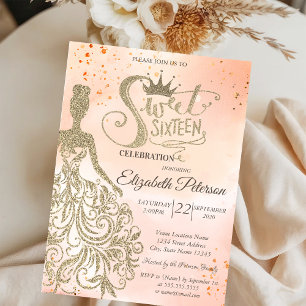 Gold Glitter Kleid, Tiara, Orange Sweet 16 Einladung