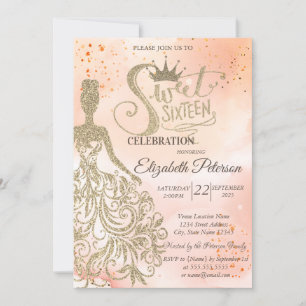 Gold Glitter Kleid, Tiara, Watercolor Orange Sweet Einladung