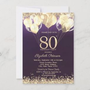 Gold Glitter Konfetti Ballons Lila 80. Einladung