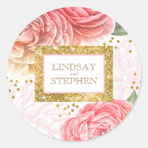 Gold Glitter Konfetti und rosa Blumen Aquarell Runder Aufkleber