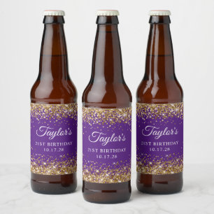 Gold Glitter Königliches Lila 21. Geburtstag Bierflaschenetikett