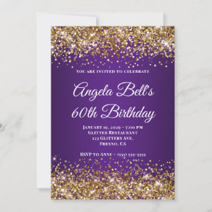 Gold Glitter Königliches Lila Monogramm 60. Geburt Einladung