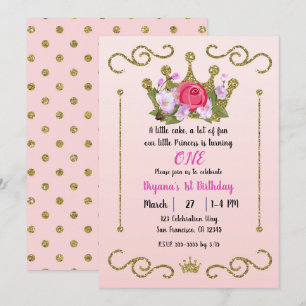 Gold Glitter Krone Blumen Punkte Rosa 1. Geburtsta Einladung