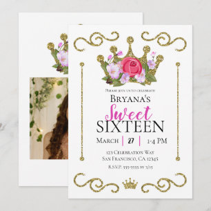 Gold Glitter Krone Florale Foto Sweet 16 Party Einladung