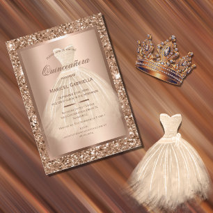 Gold Glitter Kupfer Elegantes Kleid Quinceañera Einladung