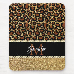 Gold Glitter Leopard Girly Glam Monogram Mousepad