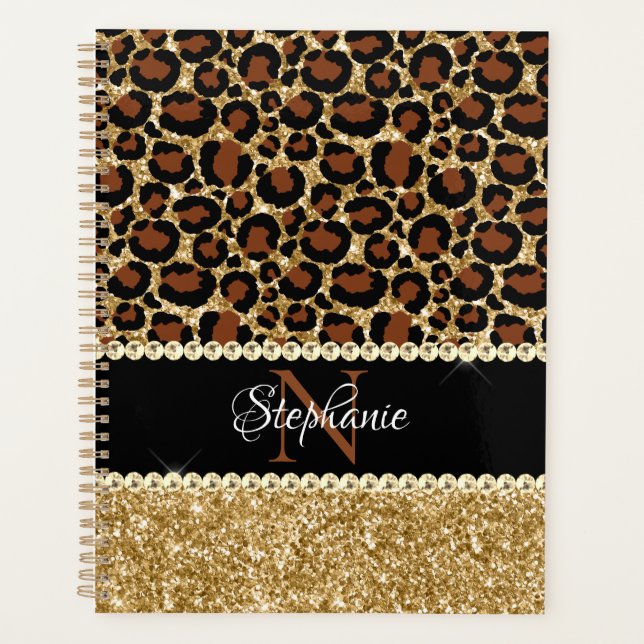 Gold Glitter Leopard Girly Glam Monogramm Planer (Vorderseite)