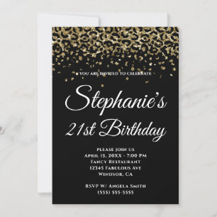 Gold Glitter Leopard Rand Schwarz 21. Geburtstag Einladung