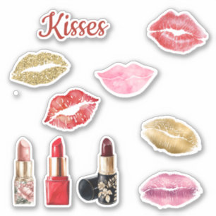 Gold Glitter Lippen Rote Küsse Aufkleber