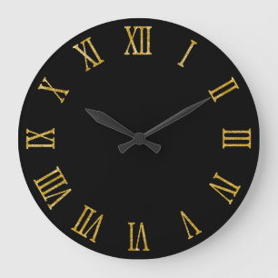 Gold Glitter Look Fette römische Ziffern Schwarz Große Wanduhr