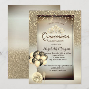 Gold Glitter,Luftballons,High Heels,Tiara Quinceañ Einladung