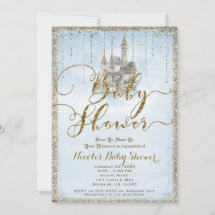 Gold Glitter Märchenburg Blau Baby Shower Einladung
