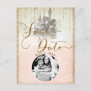 Gold Glitter Märchenschloss Save-the-Date Foto Ankündigungspostkarte