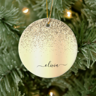 Gold Glitter Metal Monogram Glam Name Keramik Ornament