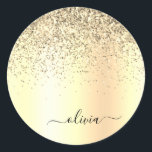Gold Glitter Metal Monogram Glam Name Runder Aufkleber<br><div class="desc">Gold-Imitate belichten den metallischen Sparkle-Glitzer,  der den Monogrammnamen aus gebürstetem Metall und die Anfangsbuchstaben des Party trägt. Das macht den perfekten 16 Geburtstag,  Hochzeit,  Brautparty,  Jubiläum,  Babydusche oder Junggeselinnen-Abschied Geschenk für jemanden,  der Lieben glamourösen Luxus und schicke Stile.</div>