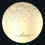 Gold Glitter Metal Monogram Glam Name Runder Aufkleber<br><div class="desc">Gold-Imitate belichten den metallischen Sparkle-Glitzer, der den Monogrammnamen aus gebürstetem Metall und die Anfangsbuchstaben des Party trägt. Das macht den perfekten 16 Geburtstag, Hochzeit, Brautparty, Jubiläum, Babydusche oder Junggeselinnen-Abschied Geschenk für jemanden, der Lieben glamourösen Luxus und schicke Stile.</div>
