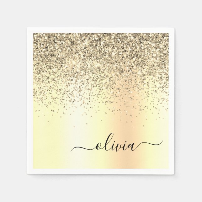 Gold Glitter Metal Monogram Glam Name Serviette (Vorderseite)
