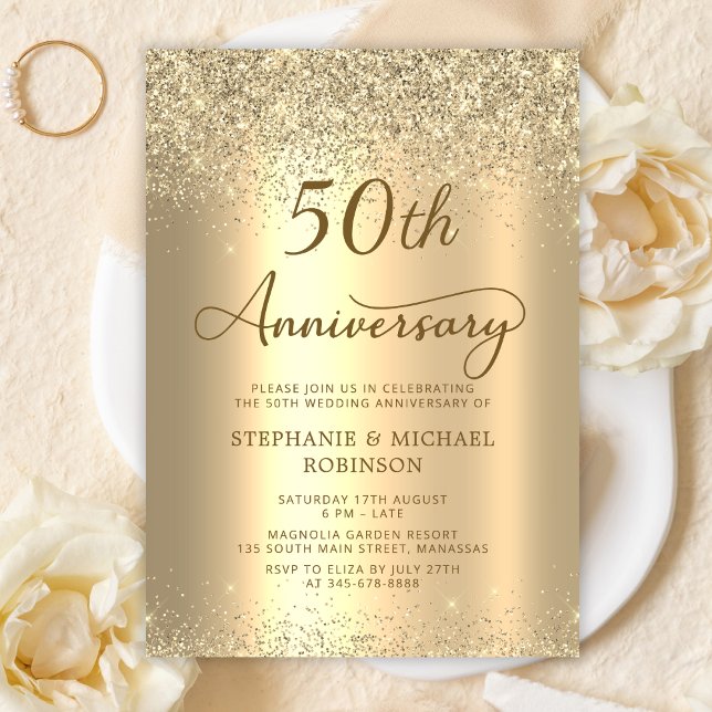 Gold Glitter Metallic 50th Wedding Anniversary Einladung (Von Creator hochgeladen)