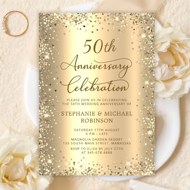Gold Glitter Metallic 50th Wedding Anniversary Einladung (Von Creator hochgeladen)
