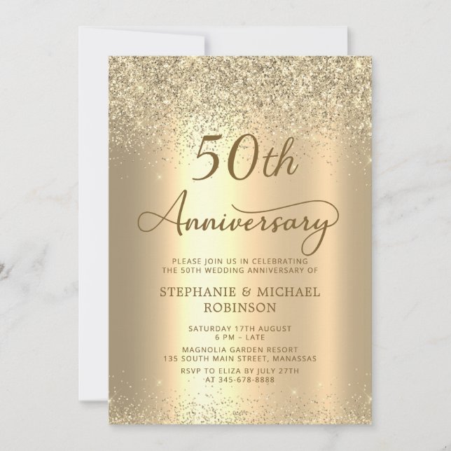 Gold Glitter Metallic 50th Wedding Anniversary Einladung (Vorderseite)