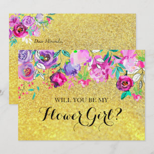 Gold Glitter Mint Lila Blumen Blumenmädchen Karte