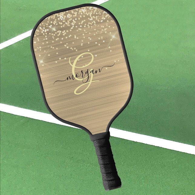 Gold Glitter & Monogram, Black Script Name Pickleball Schläger (Von Creator hochgeladen)