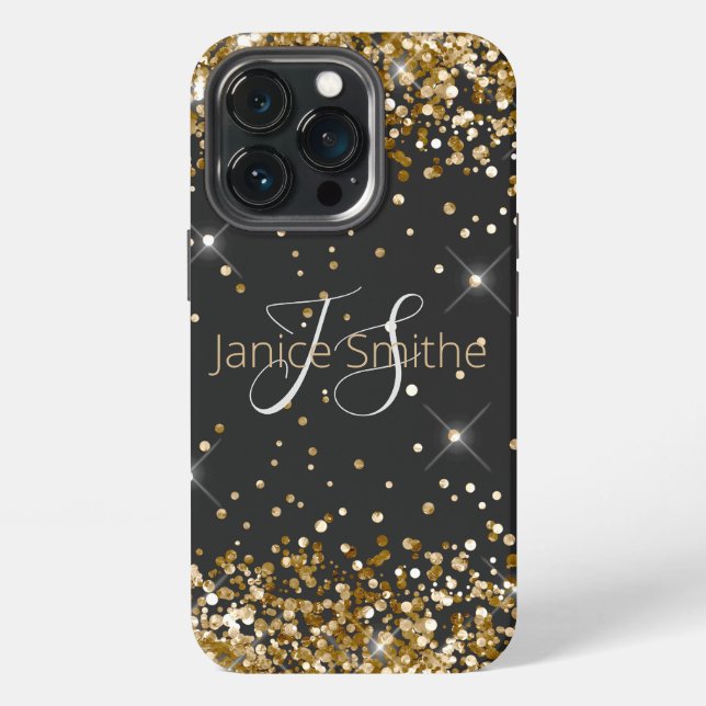 Gold Glitter Monogramm iPhone 13 Pro Hülle (Hinten)