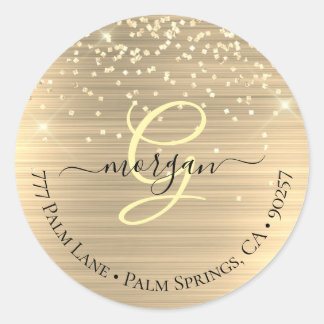 Gold Glitter & Monogramm, schwarze Schreibschrift Runder Aufkleber