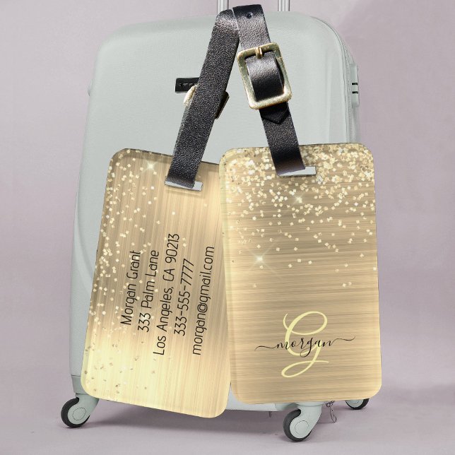 Gold Glitter & Monogramm, schwarzer Schriftname Gepäckanhänger (Von Creator hochgeladen)